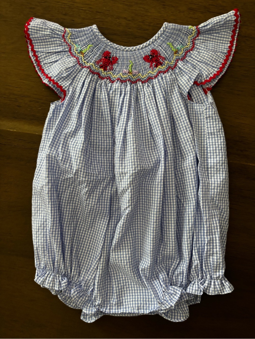 Smocked Gingham One-Piece Romper in Light Blue with Red Trim